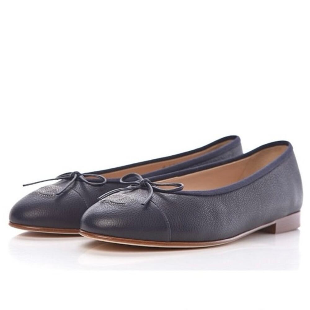 Authentic Chanel 37.5 Marine Dark Navy Blue (Like Black) Ballet Flats Caviar CC - Picture 2 of 15
